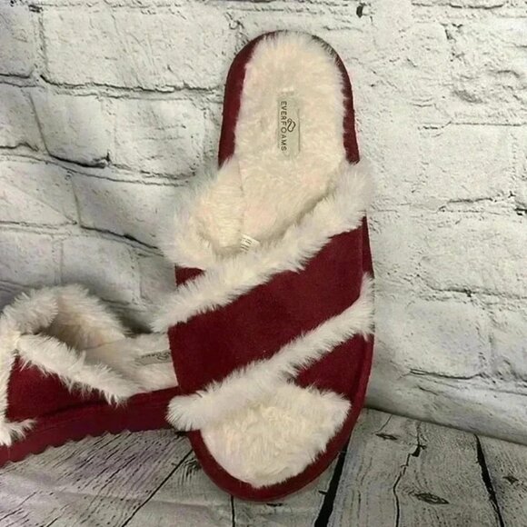EVER FOAMS WOMENS CROSS BAND SLIPPERS WINE MEMORY FOAM FUR LINING SIZE M 7/8 - Picture 2 of 6